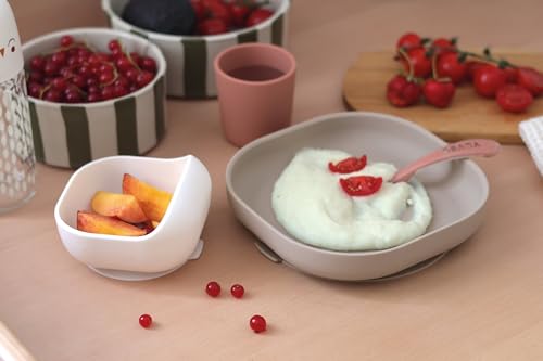 Image of BEABA Silicone 4-Piece Meal Set - Easy to Clean - Dishwasher and Microwave Safe - Soft, Unbreakable, Non-Slip Suction Bottom - Includes Plate, Bowl, Cup and 2nd Stage Silicone Spoon (Terracotta)