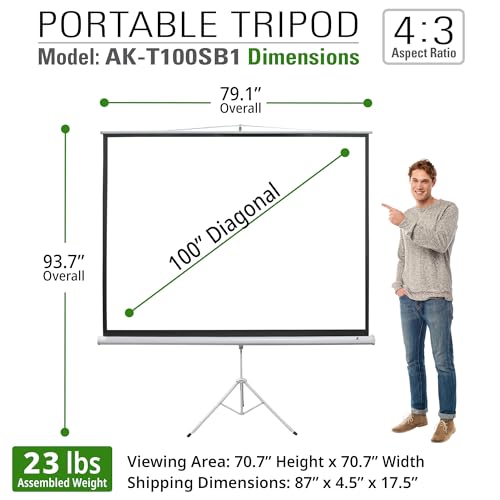 Image of Akia Screens 100 Inch Projector Screen with Stand, 4:3 HD, Tripod Pull-Up Portable Screen, 1.1 Gain, Wrinkle-Free, Indoor Outdoor, AK-T100SB1.