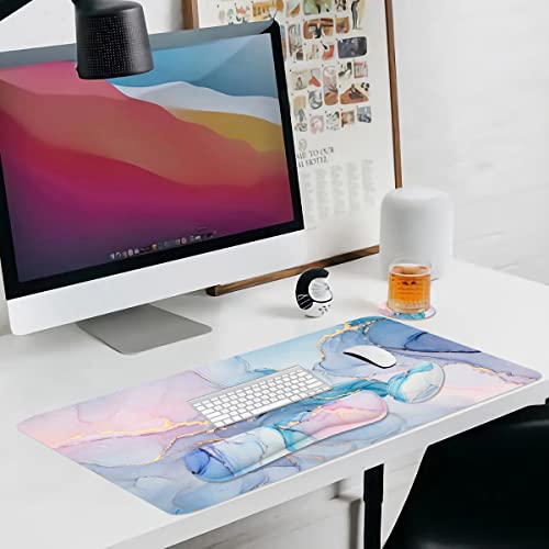 Image of 4-in-1 Large Gaming Mouse Pad, Keyboard Wrist Rest Pad & Wrist Support Mousepad Set, Extended Desk Pad Waterproof Desk Mat for Home Office Study Game - Blue Marble