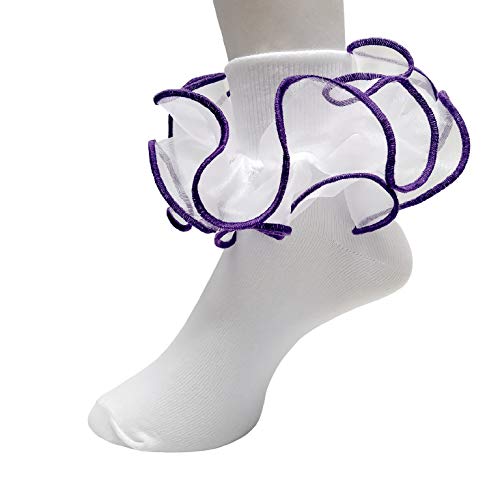 Girls Double Ruffle Socks - Big Full Organza with Trim Pageant Fanfare Foldover Ankle Style - 6-12 Month Old (Size 3-4, White w/ Purple Trim)