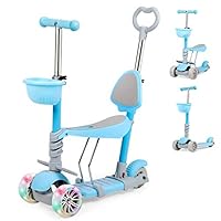 N-S 5 in 1 Kids Kick Scooter with Removable Seat and Push Rod, Adjustable Height Toddler Scooter for Girls & Boys 2-8 Years Old, with LED Flashing Lights, Sit or Stand Ride with Brake (blue)