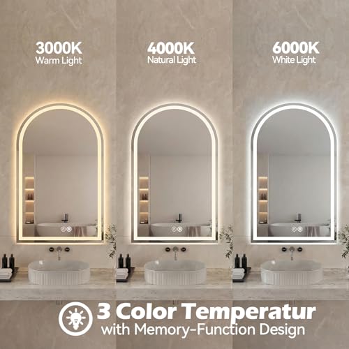 Image of Sweetcrispy 20 inchx28 inch LED Bathroom Backlit Mirror with Lights, Arched Lighted Bathroom Vanity Mirror with Anti-Fog, Dimmable, 3-Color Light, Memory Function, Tempered Glass, Water-Proof Design