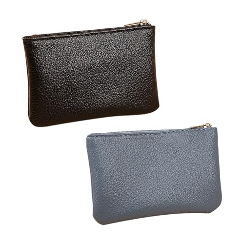 2 Pcs PU Leather Zipper Coin Purse Mini Change Purse Wallet Credit Card Purse Pouch Small Lychee Pattern Coin Purse for Women Men Black Blue