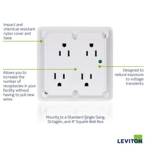 Image of Leviton Surge Protective 4-in-1 Receptacle with Indicator Light, 20 Amp, 125 Volt, Heavy-Duty Industrial Specification Grade, Straight Blade Quadruplex Outlet, Grounding, 5490-GY, Gray