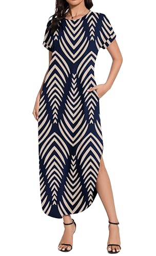 Women Summer Long Sundress Crewneck Short Sleeve Maxi Dress 2025 Casual Loose Beach Dress with Pockets2