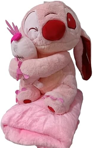 Large Pink Angel Stitch Plush Toy with monster Doll and removable Blanket, Soft Stuffed Character with soft blanket for kids and adults