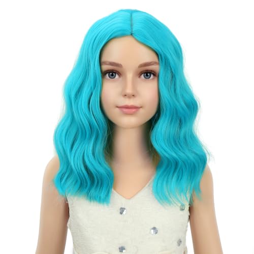 Image of PATTNIUM Girls Blue Green Short Curly Wavy Wigs Kids Side Part Shoulder Length Heat Resistant Synthetic Wig Halloween Cosplay Costume Party Wigs