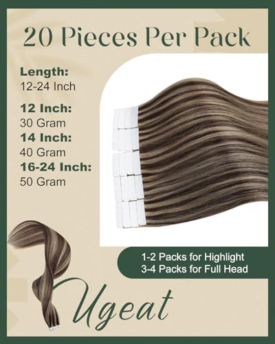 Ugeat Hair Extensions Human Hair Tape in 12 Inch Glue in Human Hair Extensions 50 Grams Tape in Remy Hair Highlight #4/27 Dark Brown w/ Caramel Blonde Tape Hair Extensions 20 Pieces - Image 4