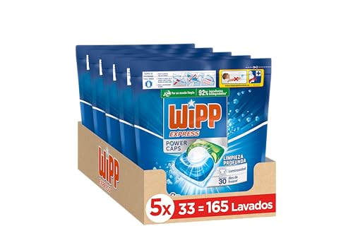 Wipp Express Power Caps (5 x 33), Detergente en cápsulas lavadora que proporciona luminosidad, pastillas lavadora para una limpieza profunda, hasta 30 días de frescor