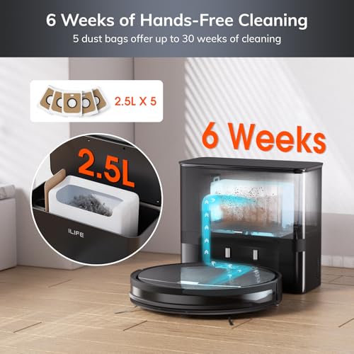 ILIFE V9 Pro Robot Vacuum and Mop Combo, Self Emptying Robot Vacuum Cleaner, 3000Pa Strong Suction, Gyro Navigation, App/Alexa/Remote Control, Works with 2.4G Wifi, Ideal for Hard Floors, Black