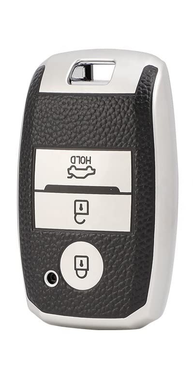 Image of JVCV Premium Soft TPU Leather Pattern Key Cover Compatible with Kia Seltos Sonet Carens 3 Button Push Start Car Key (Silver Black)