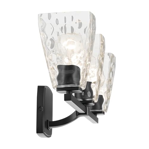 Image of Kichler Marant 21.25 inch 3-Light Bathroom Vanity Light Fixture with Clear Water Glass in Black, Modern Wall Mount Over Mirror for Powder Room (21.25 inch W x 9.5 inch H), 55216BKWTR