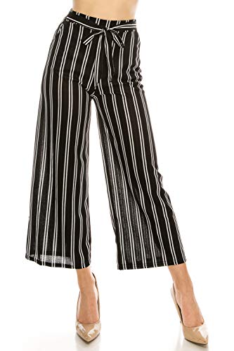 LA12ST Women High Waist Casual Self Tie Stripe Wide Leg Palazzo Pants Trousers