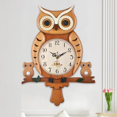 Reloj de pared péndulo de madera con diseño búho, silencioso y a batería miniatura 3