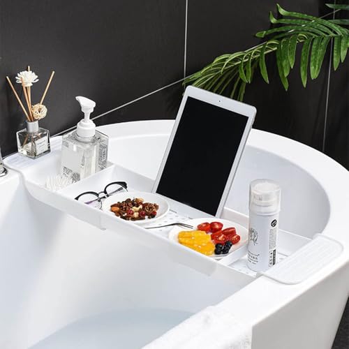 Badewannenablage Aus Kunststoff Erweiterbar Stabile Ablage Für Duschgel Handtücher Gläser Badeblumen Im Badezimmer (White)
