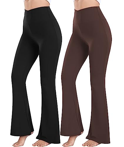 Ridshy Falre Leggings for Women Bootcut Yoga Pants Crossover High Waisted Workout Pants Exercise Flared Casual Bootleg Tights Bell Bottom Leggings Dress Pants 2 Pack Black/Brown X-Large