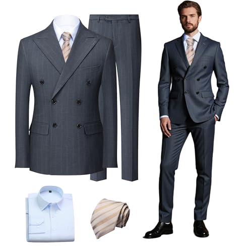 Men Suits 4 Pieces Slim Fit Tuxedo Blazer Peaked Lapel Striped Double Breasted Pants Shirt Tie Wedding Prom Business