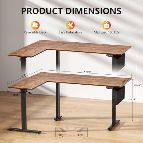 Image of Korfile L Shaped Electric Standing Desk, 63 inch Adjustable Height Sit to Stand Corner Desk with Memory Presets, Reversible Computer Table for Home Office, Work and Study, Rustic Brown
