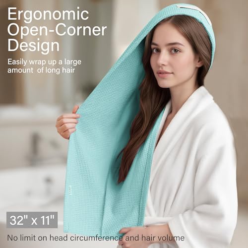 Image of ROLSHOL 2 Pack Microfiber Hair Towel Wrap for Women, 32 inch x 11 inch Waffle Weave Hair Plopping Towel for Curly, Long & Thick Hair, Anti-Frizz Hair Turbans for Wet Hair (Gray,Cyan Blue)