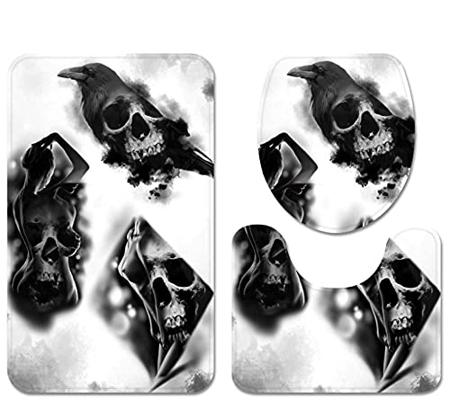 3 Teilig Badematte Set Skelett 3D Badematten Set rutschfest, Badezimmerteppich,U-förmiger WC-Vorleger,WC-Deckelbezug für…