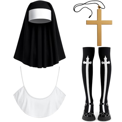 DvBCNMe Nonnen Kostüm Damen, 4 Stück Nonne Set Mit Nonnen-Kopfbedeckung, Kragen, Kreuzkette Und Socken, Nonne Halloween Kostüm Ideal Für...