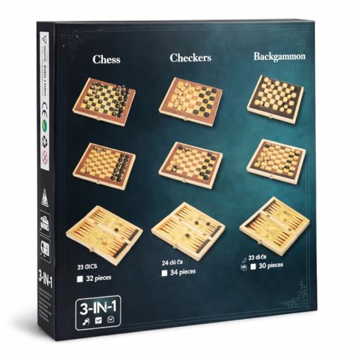 Image of Premium Wooden Chess Set, 3-in-1 Board Game with Backgammon and Checkers, Foldable