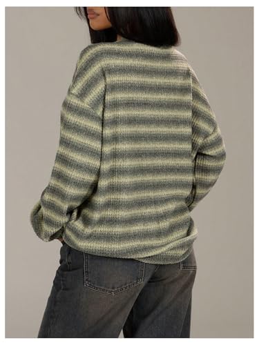 Image of BEAUDRM Women's Vintage Striped Drop Shoulder Sweater Y2k Crewneck Long Sleeve Pullover Knit Tops Green Medium