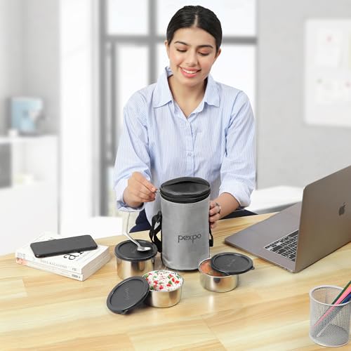 Image of Go24 pexpo Marvel-3 Stainless Steel Meal Box with 3 Containers (2 * 280ml & 430ml), 1 Spoon & Bag - Grey & Black|BPA Free Lid | Leak Proof | Lunch Box for Office Men and Women