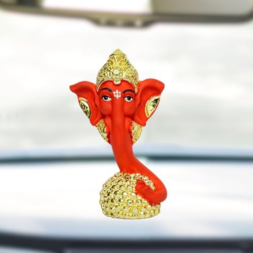 Image of Gold Plated Neck Laddu Ganesha | Ganpati Idol for Car Dashboard, Office, Work Desk Desk & Home Temple | Prosperity & Protection |Red & Gold | Height 3.3 Inch