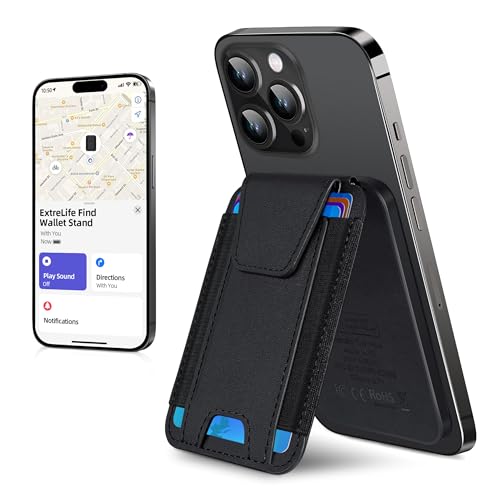 ExtreLife for Magsafe Wallet, Works with Apple Find My, Strongest Magnetic Wallet for iPhone 16/15/14/13/12 Series, Privacy Flap, Adjustable Stand, RFID Blocking, Black