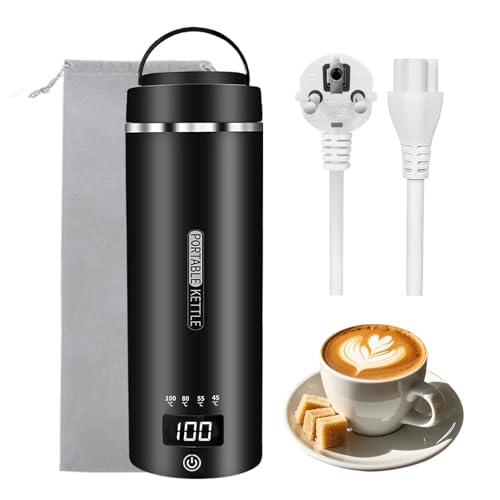 Hervidor de agua portátil de viaje de 450 ml, 4 ajustes de temperatura, mini hervidor de agua para conectar, acero inoxidable 304, hervidor de agua de viaje con función de apagado automático (negro)