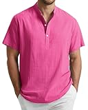 Enlision Camisa de Lino Hombre Verano Manga Corta Camisas Fucsia para Hombres Cuello Mao Ibicenca Camiseta con Botones Casual Elegantes Playa Ropa M