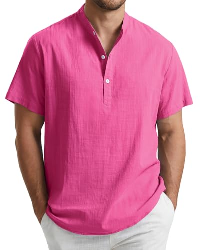 Enlision Chemise Homme Fushia Coton et Lin Chemisette Été Homme Manches Courtes sans Col Tunisien Leger Respirant Décontracté Tee Shirt de Bureau Haut...