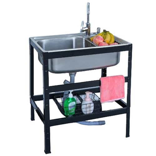 Fregadero Portatil Camping，Fregadero de Cocina Comercial con Banco de Trabajo, Fregadero de Acero Inoxidable Independiente con Agua Fria y Caliente Grifo