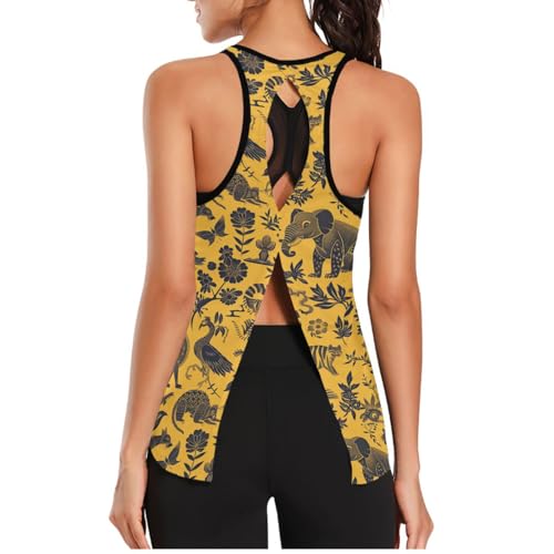Camiseta de malla atlética para mujer, holgada, ajustada, para yoga, correr, yoga, zoológico, color amarillo, Zoo Animal Amarillo Negro, L