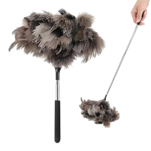 Plumero telescópico de plumas de avestruz: plumero lavable largo extensible sin esfuerzo, para ventiladores de techo, pantallas de lámparas, persianas y estanterías – Retráctil 40-100 cm