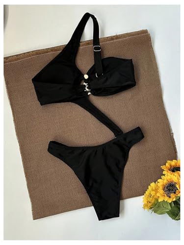 SHENHE Women's Sexy One Piece Bathing Suit One Shoulder Ruched Metal Ring Cut Out Monokini Swimsuit2