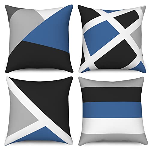 Housse de coussin Hnmdmyi - Set de 4, Bleu 40x40, Gris et Noir, Moderne Abstrait Rayures Simple...