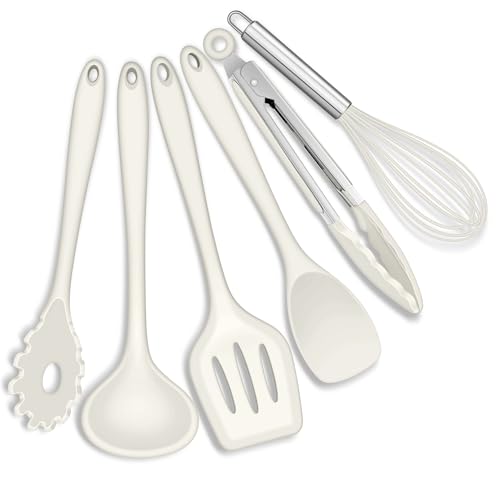 Joyfair Juego de 6 utensilios de cocina, utensilios de cocina de silicona, color blanco, antiadherente, juego de cocina para cocinar y hornear, resistente al calor y calidad alimentaria, apto para