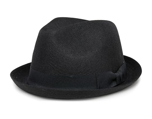 Funky Junque Men's Summer Black Straw Pork Pie Fedora Hat, Stingy Brim, UPF 50+ Sun Protection, S/M L/XL - Black