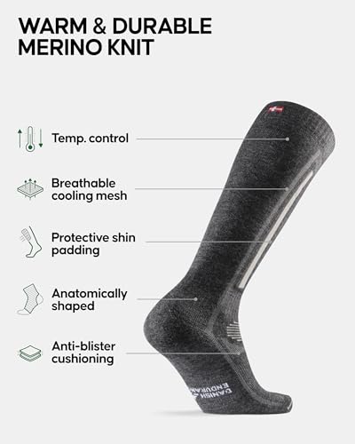 DANISH ENURANCE Merino Wool Performance Ski Socks for Men, Women & Kids, Dark Grey/Light Grey, US Women 5-7 // US Men 3.5-6