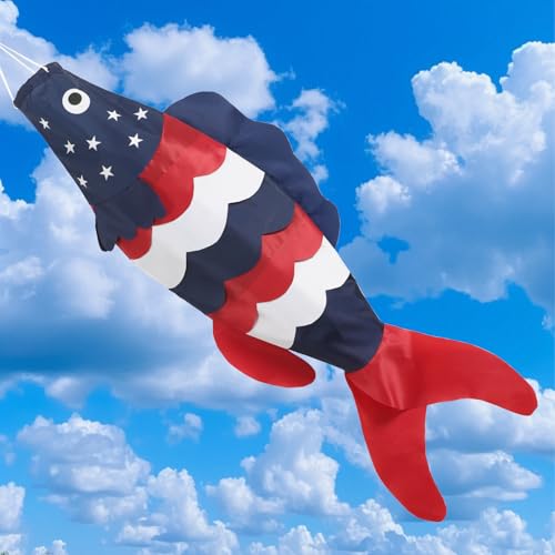 NOVWANG 40 Inch USA American Fish Windsock Fish Windsock 4th of July Windsock Patriotic Wind Sock Outdoor Hanging Decoration for Garden Yard Balcony Boat Deck Dock Patio Decor