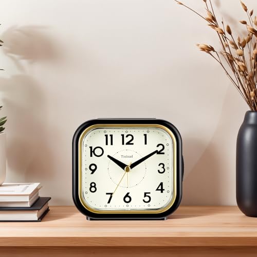 Image of Tinload 4.3 inch Vintage Retro Analog Alarm Clock, Super Silent Non Ticking Clock with Manual Light, Snooze, Battery Operated, Simply Design, for Living Room, Bedroom, Bedside, Desk(Black-V2)