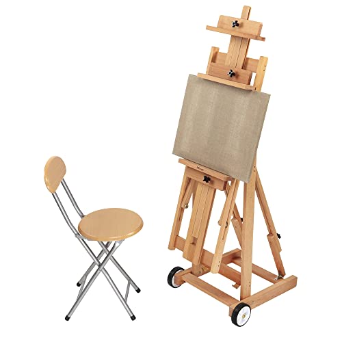 Creative Mark Mirage Studio Artist Painters Easel - H Frame Fully Adjustable With Wheels For Portability And Storage - Natural Elm Wood Finish #TOP6