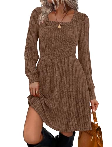 Image of Sampeel Womens Square Neck Long Sleeve Fall Dresses Casual Babydoll Sweater Dress