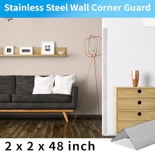 Image of 12-Piece Set, Extra Thick (1mm) Stainless Steel 90 Wall Corner Guards, 2x2x48 Inches, for Wall Corner Protection & Decoration. (12, Bright Silver)