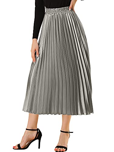 Image of Allegra K Women Pleated Skirt Midi Length Elastic High Waisted A Line Swing Flare Metallic Shirring Party Valentines Skirts Small Silver Grey