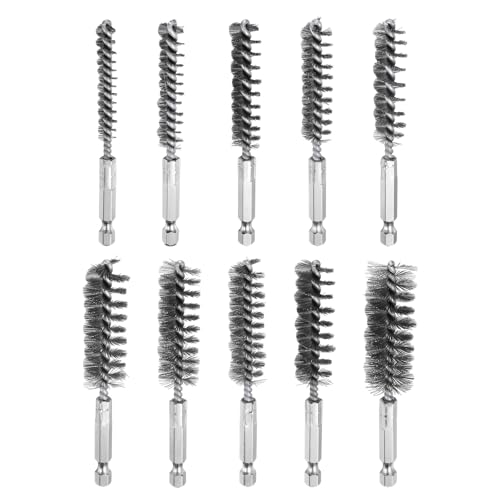 Image of HARFINGTON 10Pcs Bore Brush Set for Drill Different Bristle Lengths Stainless Steel Twisted Wire Cleaning Drill Wire Brush with 1 /4 inch Hex Shank for Tubes