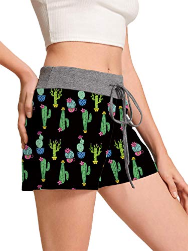 RAISEVERN Womens Pajama Shorts Bottoms Sleep Shorts Black Cactus Print Lounge Shorts Boxer Shorts Pj Shorts S - Thumbnail 2