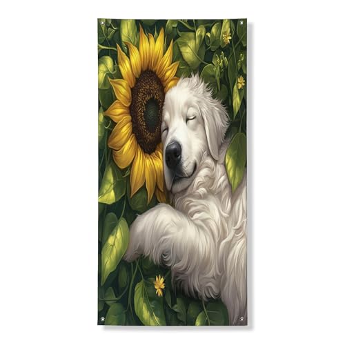 Cubierta de puerta exterior de perro de los Grandes Pirineos de primavera de 36 x 72 pulgadas, diseño de hoja de girasol para puerta delantera y trasera, decoración de salida de entrada, decoración